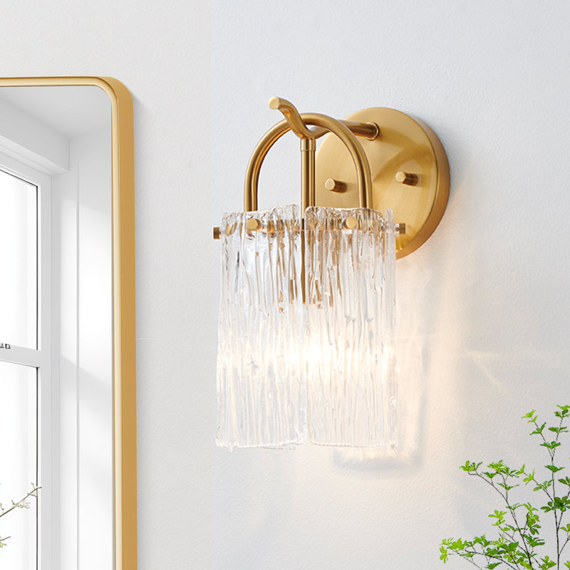 1- Light Wall Sconce with Textured Glass Shade, Brushed Gold