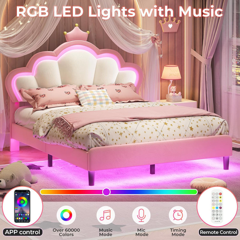 Bed Frame With Led Lights, Girls Full Bed With Princess Crown, Led Velvet Upholstered Platform Bed Frame With Adjustable Headboard, No Box Spring Needed