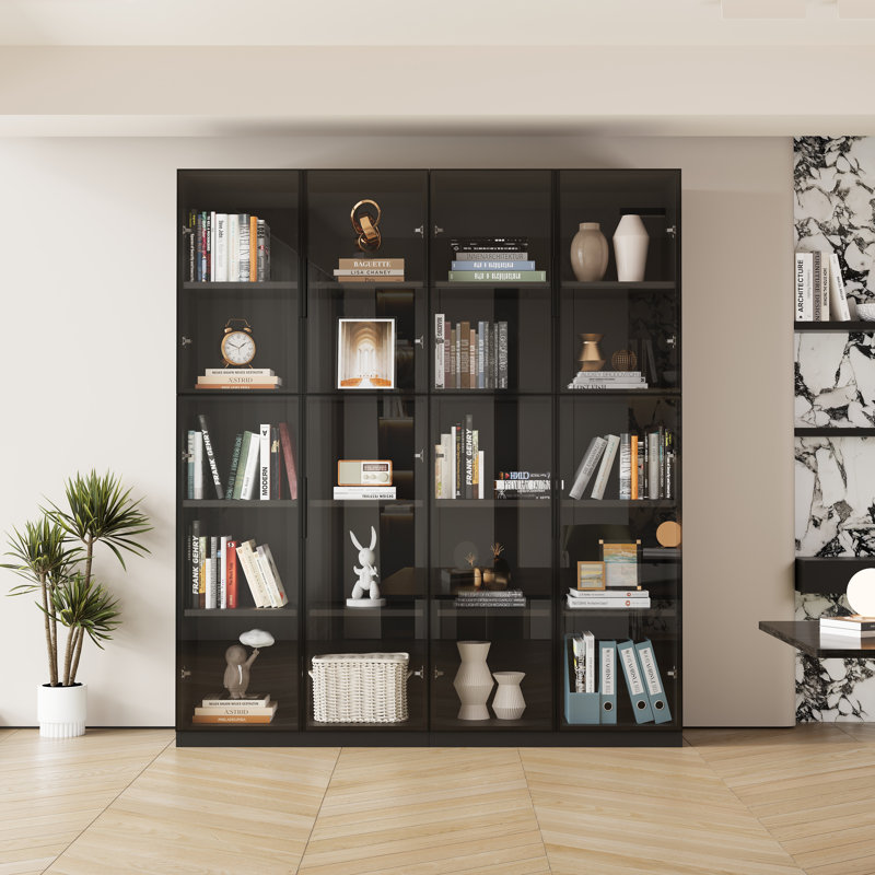 Vitrine 2 pièces avec portes et lumières en verre, grande armoire de rangement moderne avec tablettes à 5 niveaux, étui à trophées pour objets de collection pour le bureau à domicile, noyer