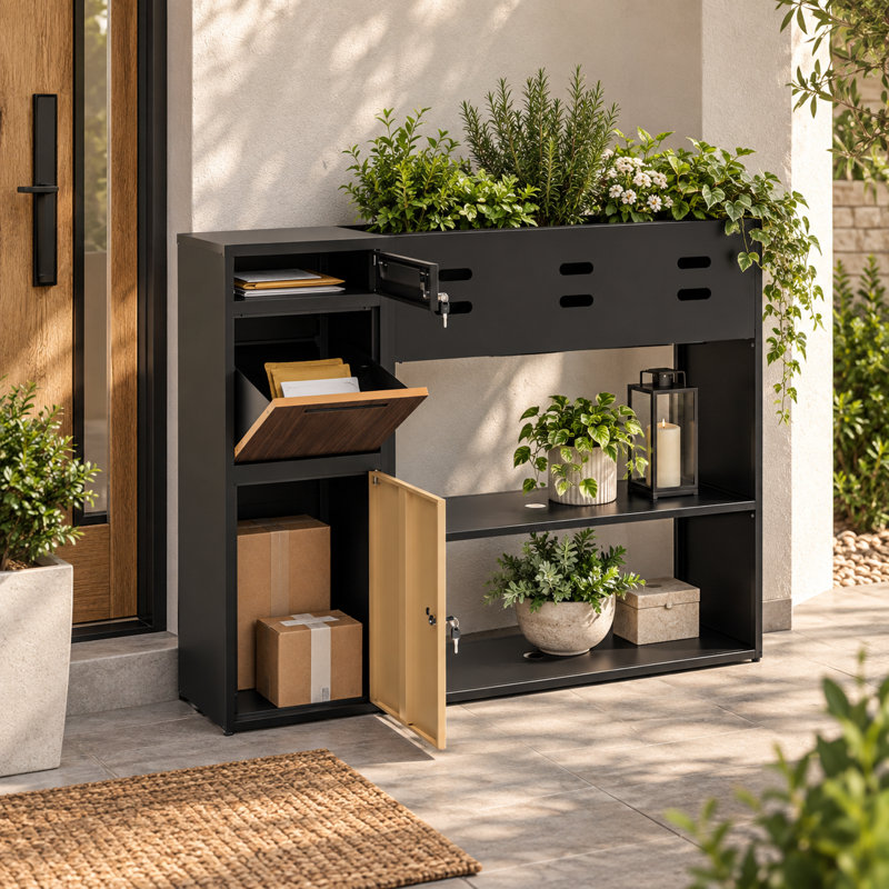 Boîte aux lettres extérieure de 61 po de large avec serrure, couvercle pour jardinière et étagères de rangement ouvertes