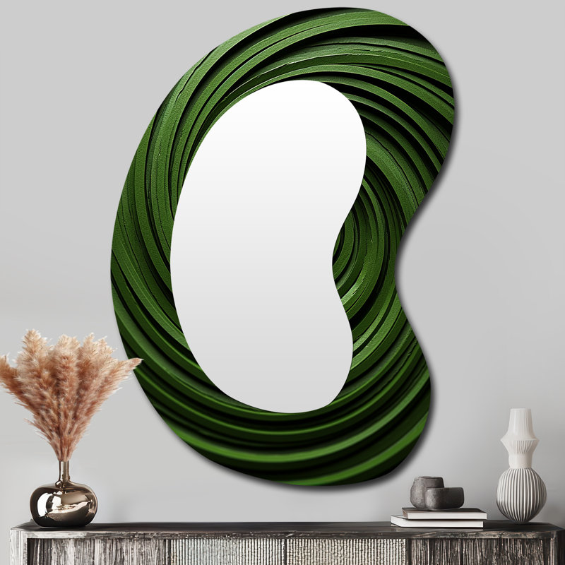 Erinna abstrait vert spirale apaisante - grand miroir mural asymétrique géométrique, miroir décoratif de forme unique vert, impression sur métal