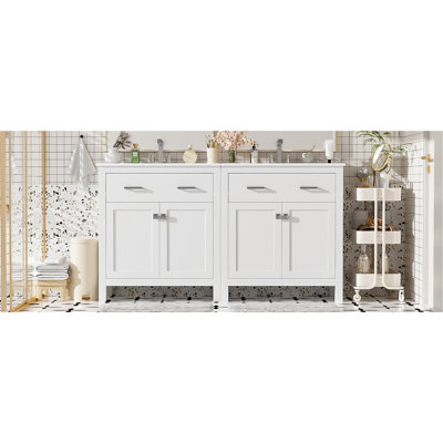60" Modern White Bathroom Vanity Set With Double Vanities (Separate), Double Ceramic Sinks, Adjustable Shelf, Soft Close Doors And Flip Drawer– Modern Bathroom Solution For Spacious Bathrooms