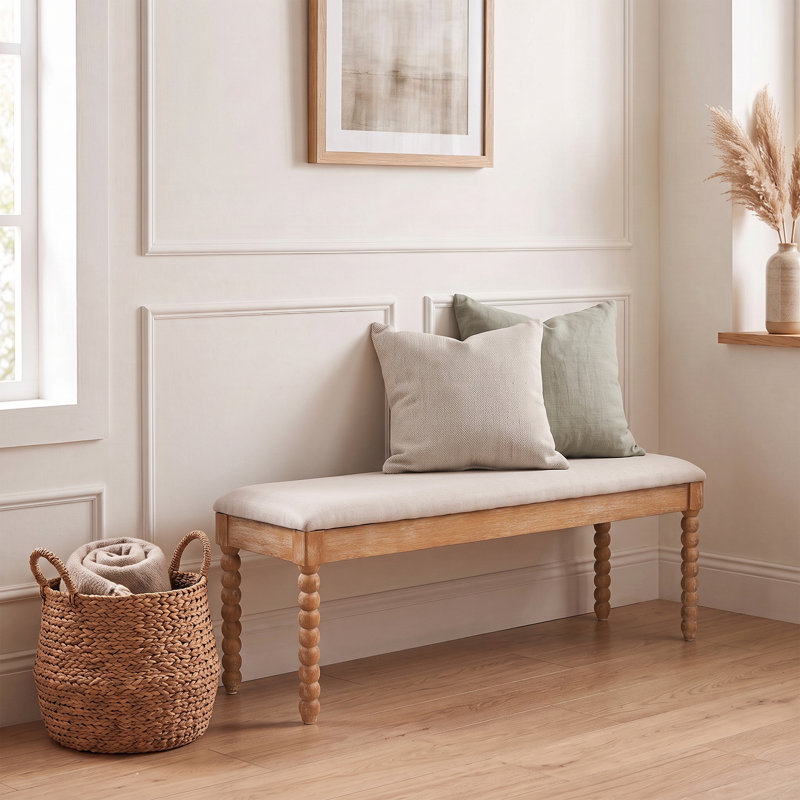 Linen Upholstered Bench with Flip Top, Natural Wood