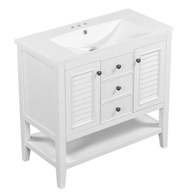 De salle de bain blanc avec lavabo en céramique, deux armoires et tiroirs, tablette ouverte, structure en bois massif (sy999101aak-1)