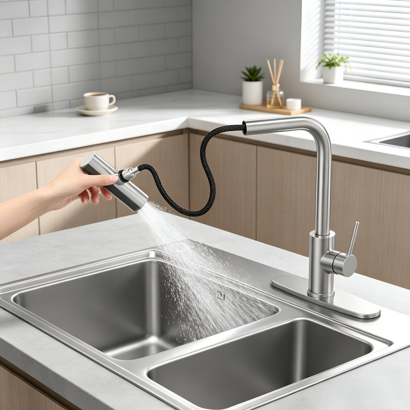 Robinet de cuisine à douchette extractible à 3 jets, en acier inoxydable SUS304, robinet mitigeur monocommande pour évier de 1 à 4 trous.