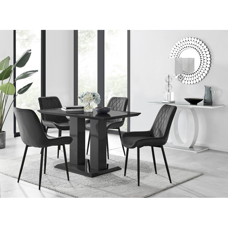 Edzard Double Pedestal High Gloss Dining Table Set with 4 Luxury Velvet Dining Chairs, Black, Black