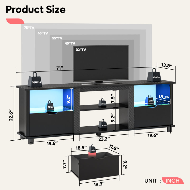 Black Carbon Fiber 70" LED Gaming TV Stand with Drawers and Shelves