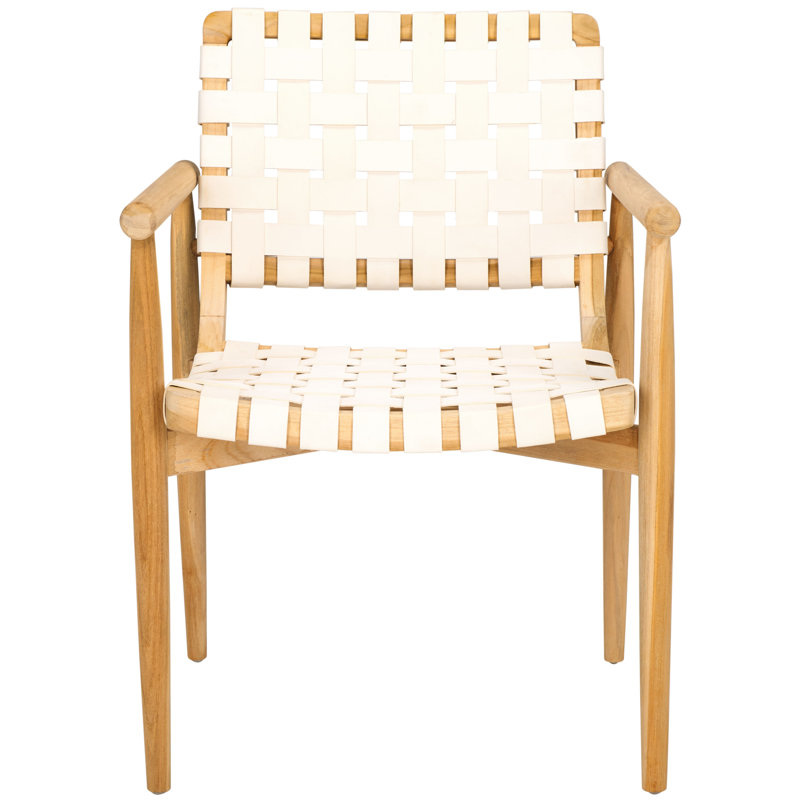 Keili Upholstered Armchair, White Genuine Leather, Natural Teak Wood