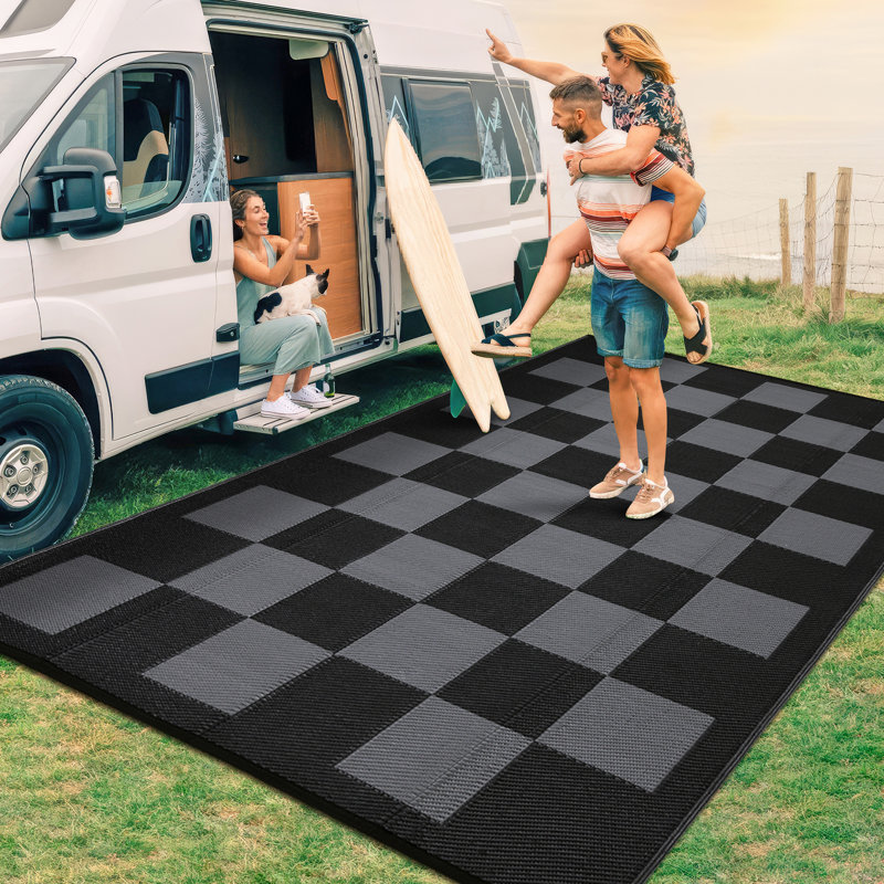 Outdoor Rug Waterproof Outdoor Plastic Straw Rug, Modern Checkered Reversible Floor Mat, Stain-Resistant Geometric Outside Carpet for Patio, RV