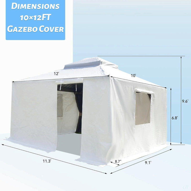10'X12' Gazebo Cover For Hardtop Gazebos, Outdoor Universal Winter Gazebo Cover With Sidewalls And Mesh Windows, All Season Waterproof Enclosed Gazebo Cover, White