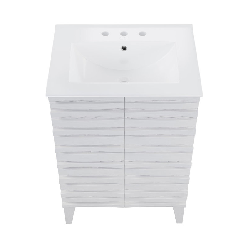 Meuble-lavabo en chêne blanc Cascade 24 po avec comptoir en céramique blanc à 3 trous, Blanc, Blanc