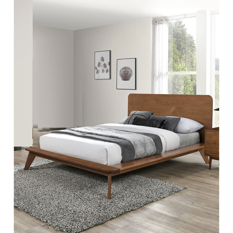 Lit plateforme en bois de noyer moyen-oriental de style Mid-Century, tête de lit à panneau, pieds fuselés, conception moderne de rénovation de chambre à coucher, installation pour matelas