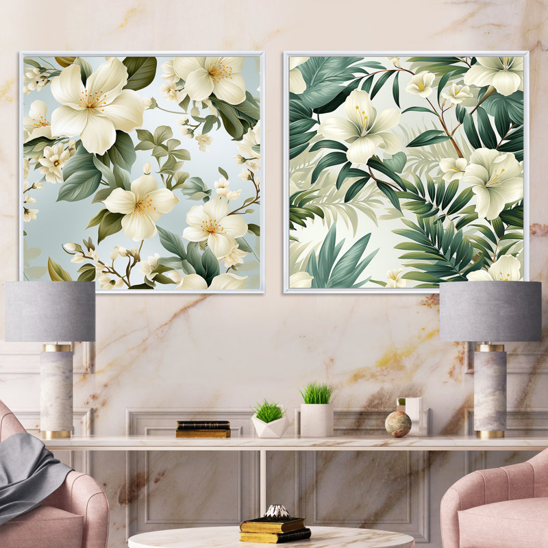 Dreen - Ensemble de 2 collages floraux carrés, Cadre flottant blanc, H 16 po x l 33 po