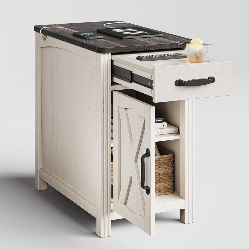 Table de bout Analiesa avec rangement et station de charge, Plateau noir / base blanche