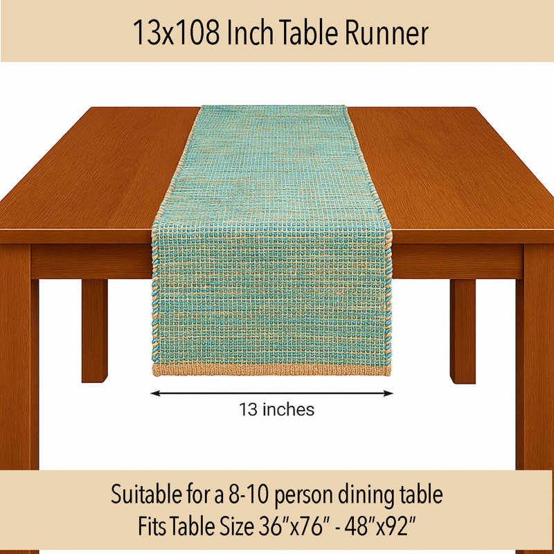 Chemin de table Pingham, 108 po x 13 po, Naturel / turquoise