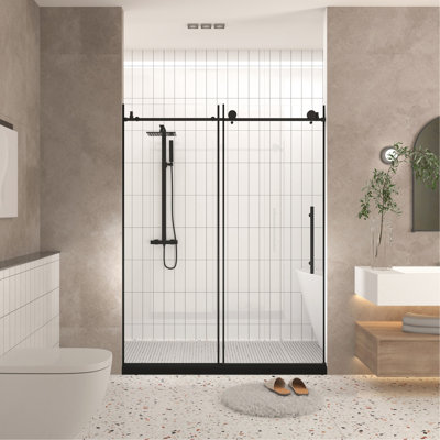 American - Style Shower Door 44 48" W X 76" H, 6 Mm Clear Tempered Glass, Matte Black Finish, Stainless Steel Handle, Proof Film, Large Wheels For Quiet Movement Wide And Tall, 1/4"  6 Mm