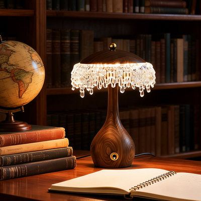 Petite lampe de table moderne en bois massif brun et métal avec abat-jour en résine et bois massif pour le salon de la chambre à coucher, ampoule incluse