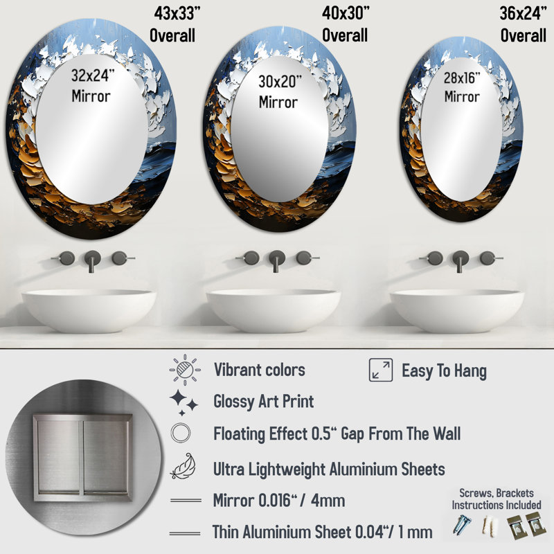 Gold And Blue Turbulent Waters Spiral I - Gold Modern Oval Wall Mirror, 43" x 33"