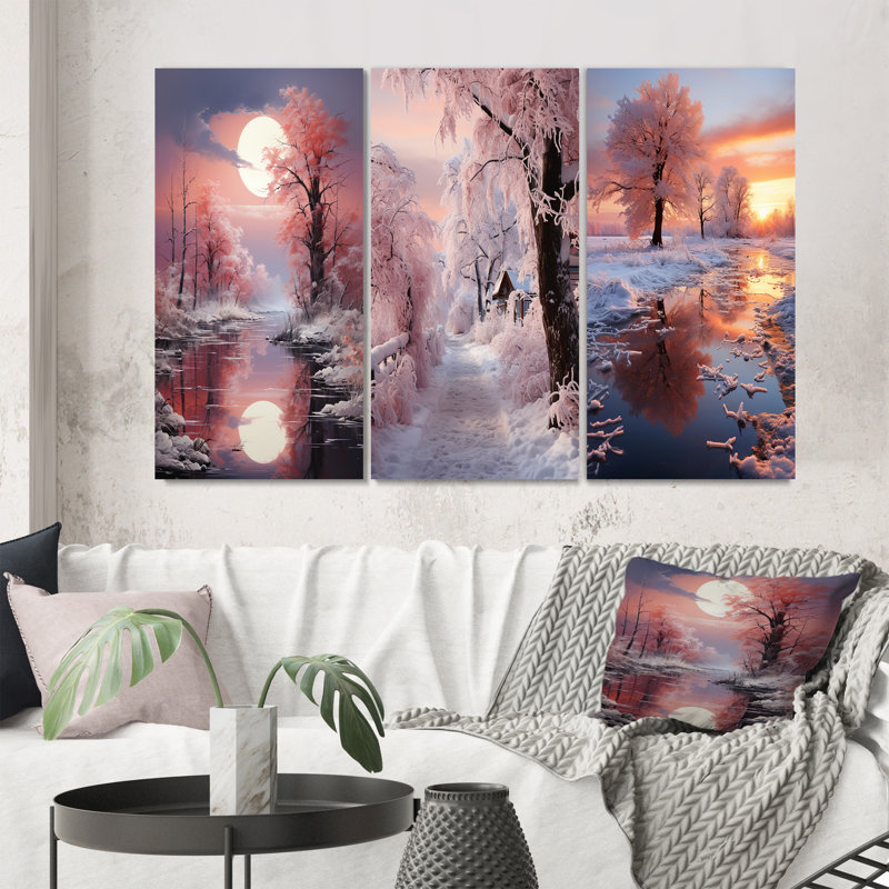 «White Fushia Winter Twilight», 3 pièces sur toile, Cadre noir, H 28 po x l 36 po