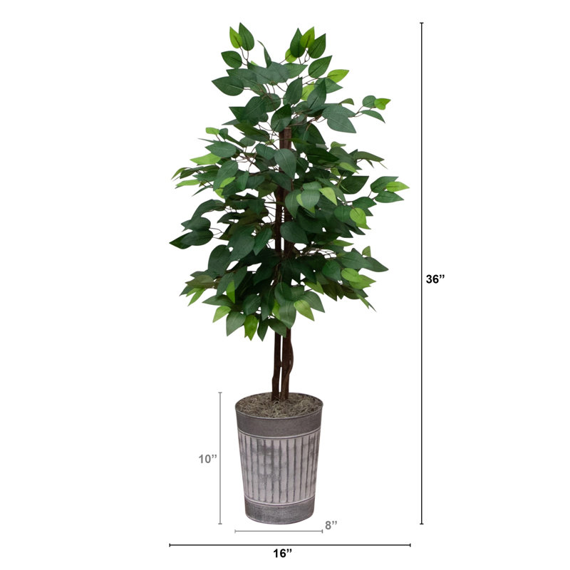 3 pi. Ficus artificiel à double tronc en pot de fleurs en métal