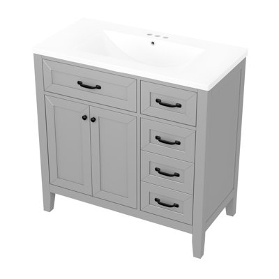 Meuble-lavabo de 36 po Dexheart, unité autoportante avec tiroirs, lavabo en céramique lisse, bois massif et, assemblage requis pour l'installation du meuble-lavabo