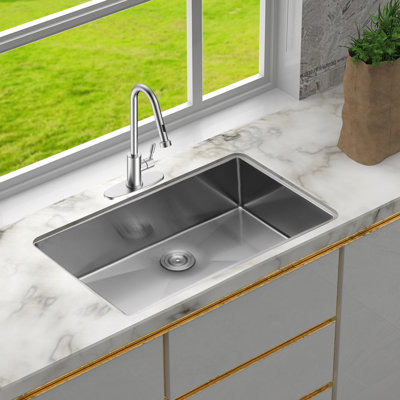 33" X 19" 9" Undermount Sink, Stainless Steel Single Bowl Kitchen 16 Gauge, Drain Assembly, X-Shaped Guide, Condensation Coating, Pad, 31" 17" Interior Dimensions 33 Inch Sink Gauge 9 Deep Bowl,