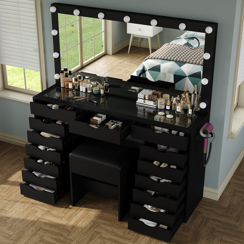 Ensemble de coiffeuse 15 tiroirs avec prise de courant, coiffeuse de maquillage avec miroir et 13 lumières DEL, 3 modes d'éclairage couleur, luminosité réglable, ensemble de meuble-lavabo à plateau en verre