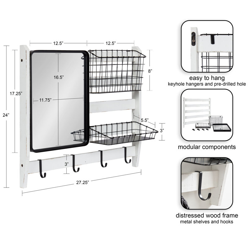 Tanner Metal Wall Organizer with Key Hooks, White