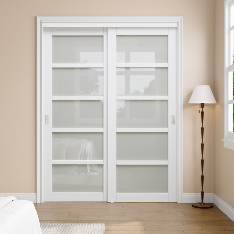 60"x 80" White Primed 5-Lite Frosted Glass Sliding Door with Hardware Kit And Silver Recessed Handles and No Assembly Required Can be changed in color For Closet,Pantry,Living room