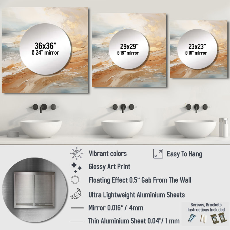 Elbys - Gold And Blue Beach Sand Fusion II Coastal Square Mirror Wall Decor For Bedroom, 36" x 36"