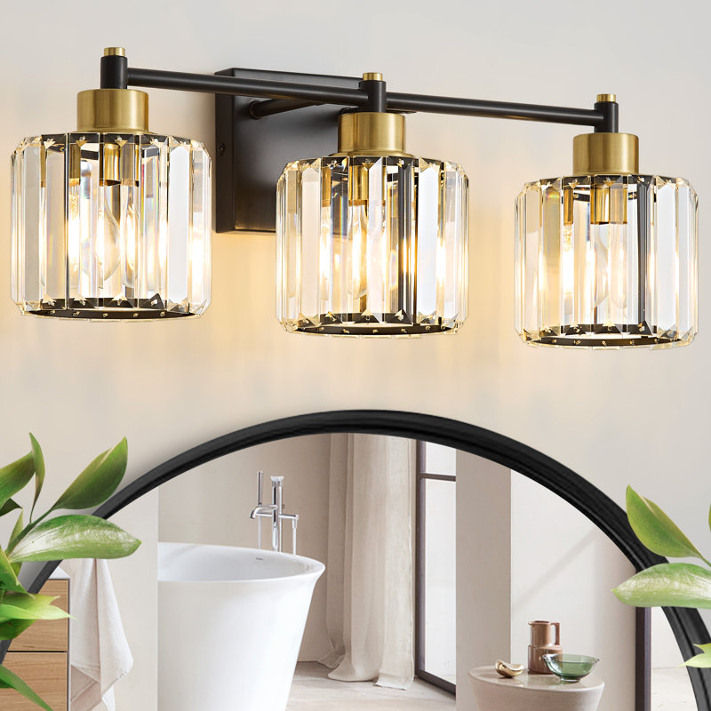 Berto 3-Light Dimmable Vanity Light with K9 Crystal Shades, Matte Black/Gold, 3 Lights