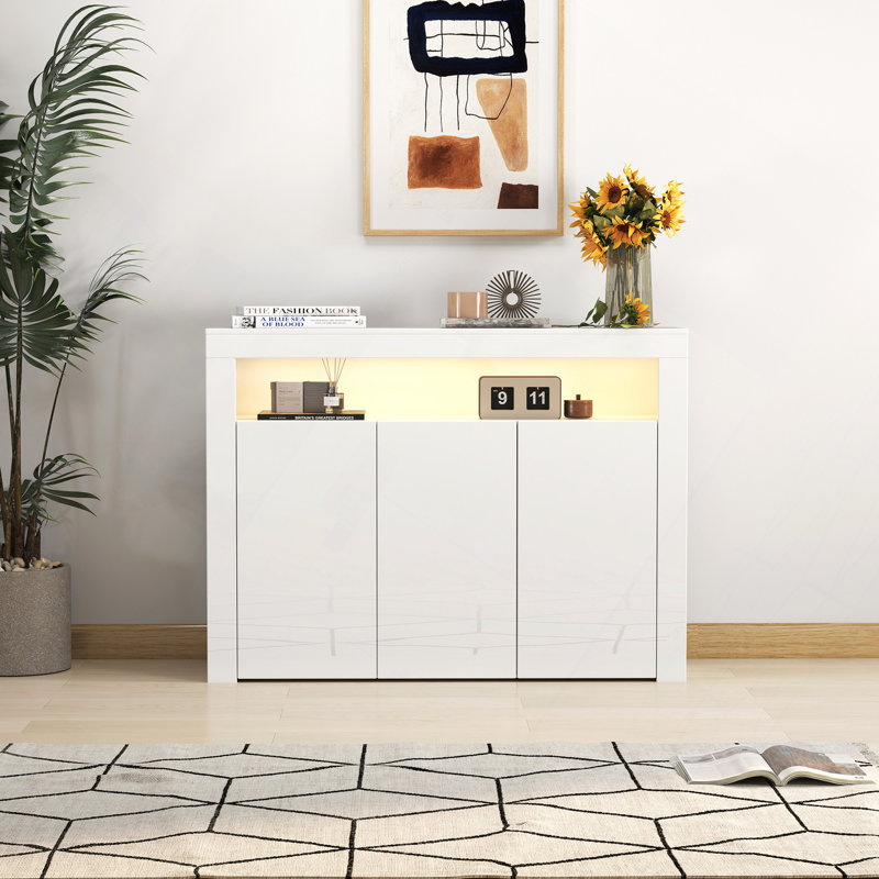 Meuble de rangement pour salon / buffet noir ultrabrillant avec éclairage à DEL, armoire de cuisine moderne avec armoire de rangement en bois et meuble télé avec 3 portes pour le couloir de la salle à manger