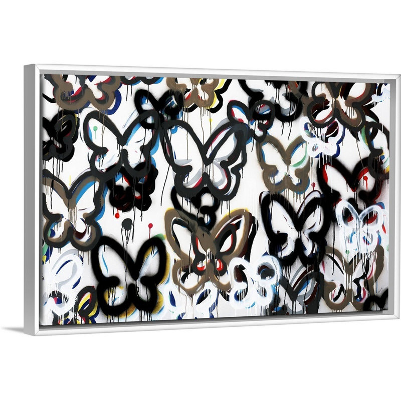 « papillon de fond ii », peinture sur toile, H 25,7 po x l 37,7 po x P 1,75 po, Cadre flottant blanc
