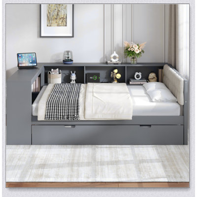 Wood Platform Bed With Storage Shelves, Trundle, Charging Station And Upholstered Headboard