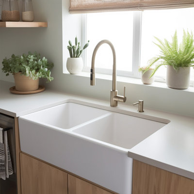 Turner Crisp White Fireclay 33" Double Bowl Farmhouse Apron Front Undermount Kitchen Sink