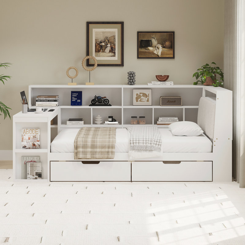 L-Shaped Wooden Daybed With Desk And Storage Bookcase, Corner Bed With Upholstered Headboard And Under-Bed Drawers And LED Light For For Bedroom Living Room