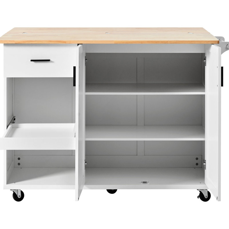 Îlot de cuisine avec comptoir et rangement pliables, porte-serviettes, tiroir, tablette coulissante, roulettes, espace pratique de comptoir de style blanc,