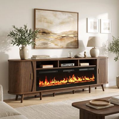 97"W Modern TV Stand With 60" Electric Fireplace For Tvs Up To 100", Tambour Door Media Console Cabinet, Fluted Entertainment Center