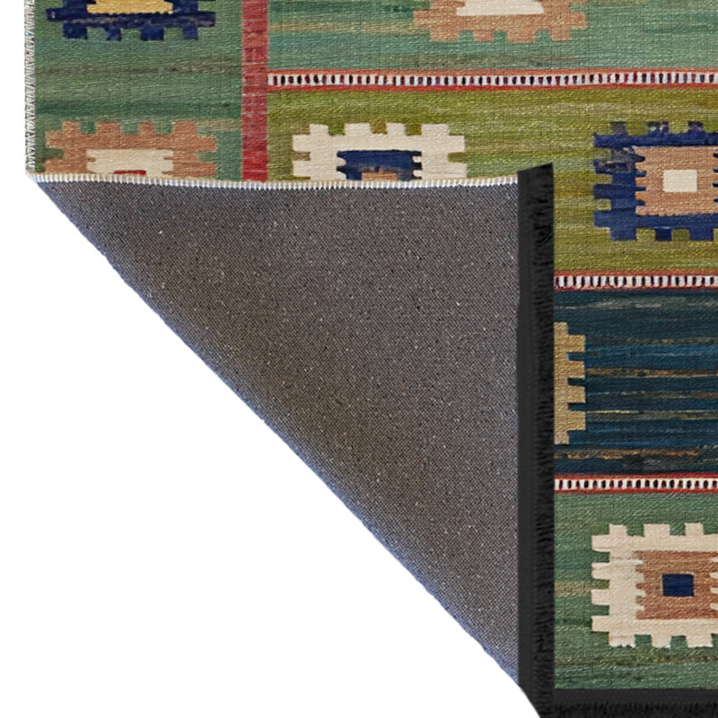 Tapis décoratif vert et bleu multicolore, Tapis de couloir 3 pi 3,37 po x 9 pi 10,11 po