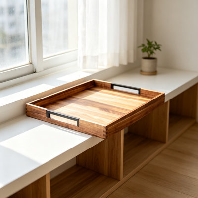 Plateau carré en bois d'acacia pour pouf, avec poignées métalliques allongées, plateau de service décoratif surdimensionné pour table basse, pouf, petit-déjeuner au lit, décoration de salon