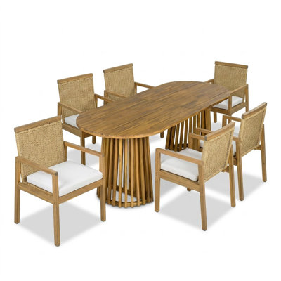 Ensemble repas pour 6 personnes en bois d'acacia avec dossier et coussins en osier Dorset