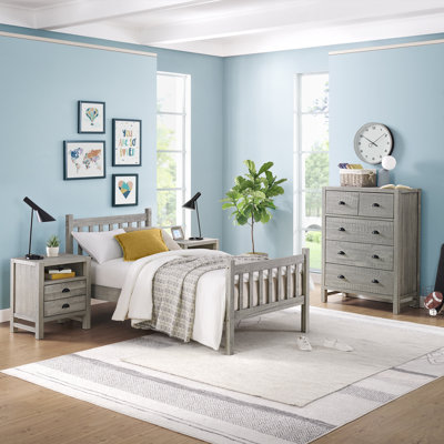 Windsor Wood 4 Pc Bedroom Set With Slat Twin Bed 2 Nightstands 5-Drawer Chest