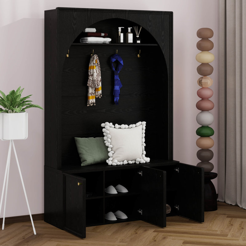 Arched Hall Tree With Bench And Shoe Storage, Entryway Storage Bench With Hooks And Adjustable Shelves, 3 Cabinets, Black