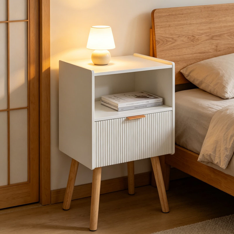 Table de chevet moderne avec tiroir et tablette ouverte, petite table de chevet à 2 niveaux, table d'appoint avec rangement Mid-Century, blanc