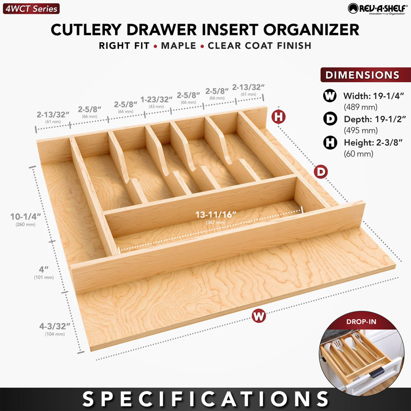 Rev-A-Shelf Natural Maple Right Size Utensil Drawer Insert, 2.36" H X 19.25" W X 19.49" D