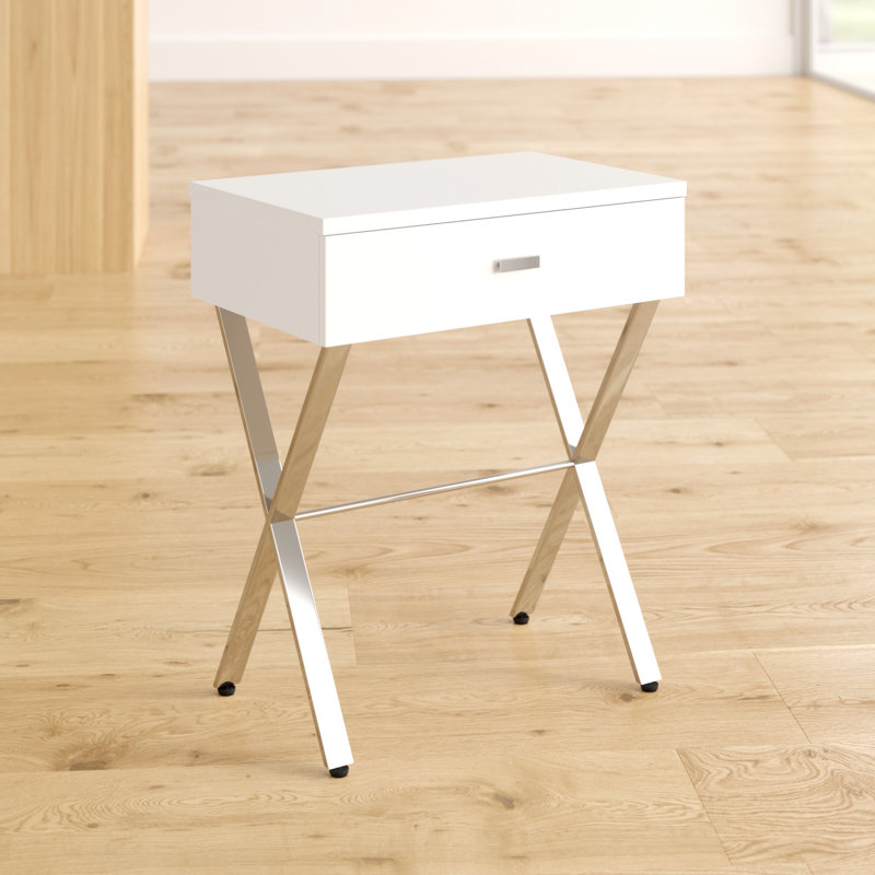 End Table, Side, End, Nightstand, Storage Drawer, Glossy White Laminate, Chrome Metal, White