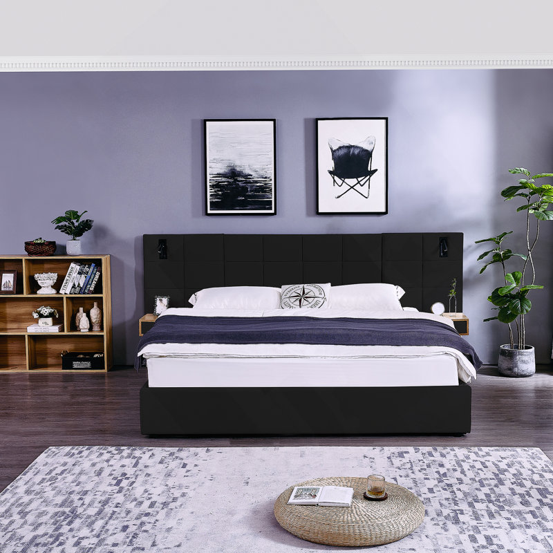 Lit plateforme tapissier hydraulique avec 2 tablettes de rangement, 2 lampes de lecture et port USB, Noir