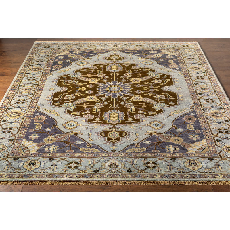 Zeus Hand Knotted Wool Oriental Area Rug in Slate/Yellow, Rectangle 8' x 11'