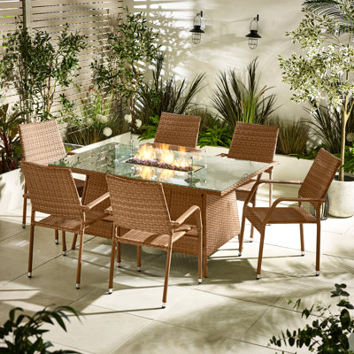 Guyapi Rattan Garden Dining Table With Smokeless Fire Pit Table & 6 Chairs