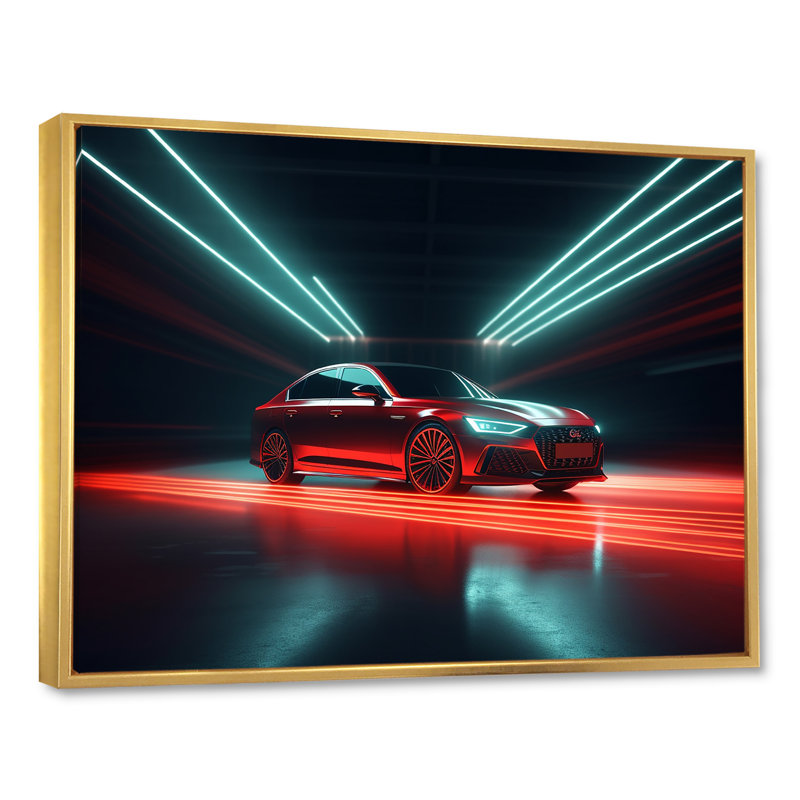 «Neon Light Strips Around Red Sedan», reproduction sur toile, H 24 po x l 32 po x P 1 po, Cadre flottant doré